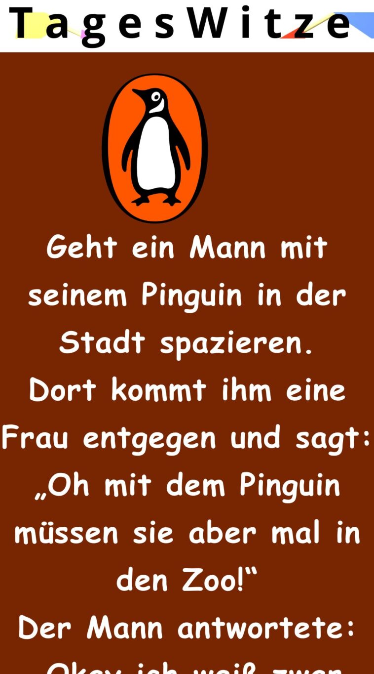 Geht ein Mann mit seinem Pinguin in der Stadt spazieren